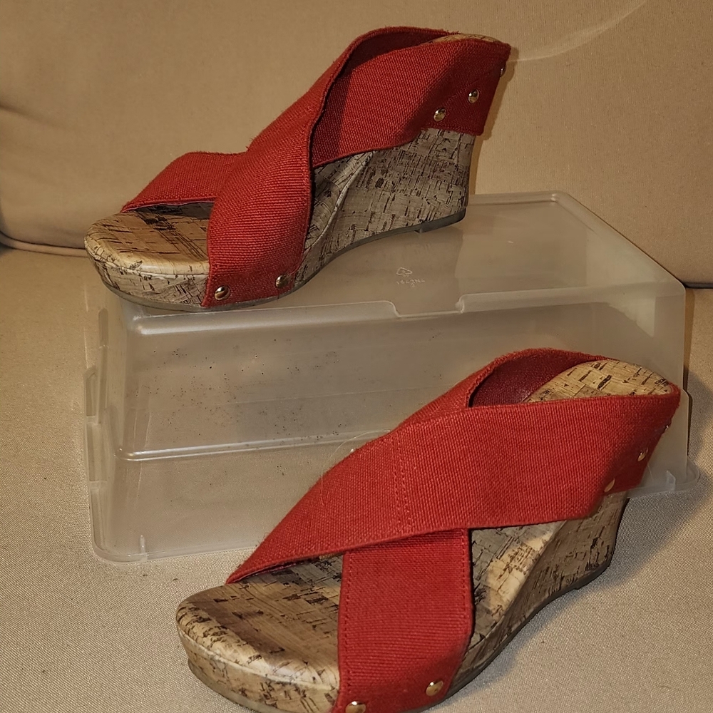 Red Elastic Cork Wedge Shoes size 10